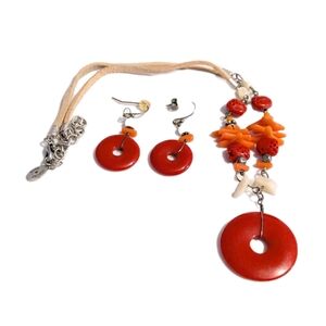 Choker necklace & pierced Earrings Robert Rose Set Leather Cord Short Dangle